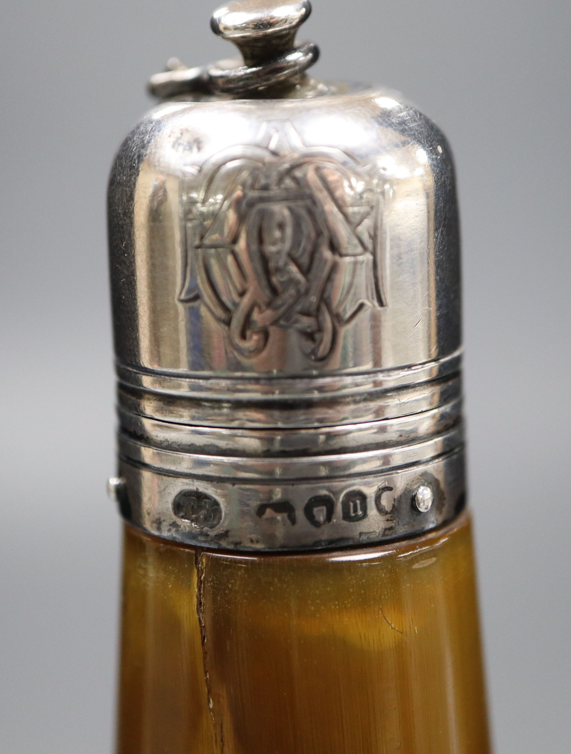 A Victorian silver mounted conical shaped horn flask, Thomas Johnson, London, 1875, 25.5cm, a.f.